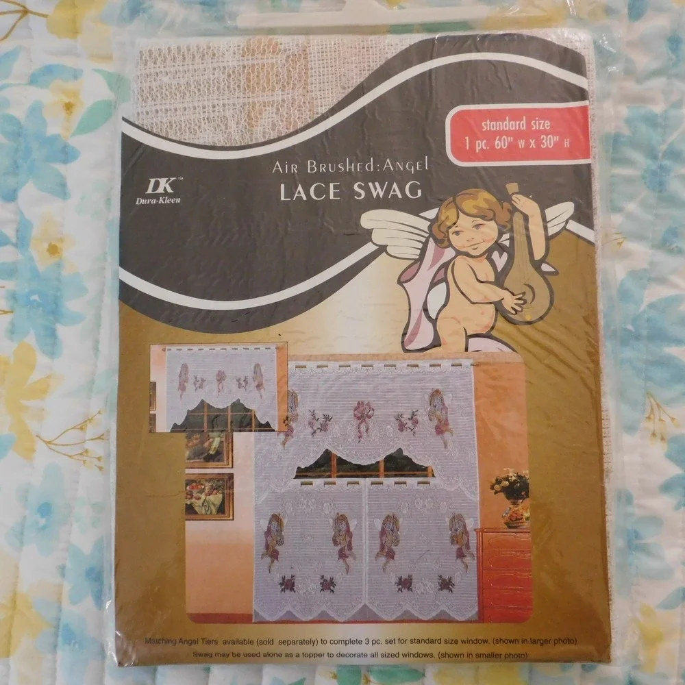 Vintage Whimsigoth Cherub Lace Curtain Swags White Pink 60